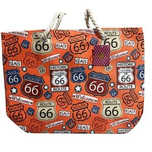 Orange Route 66 Print Canvas Tote Bag with Rope Handles